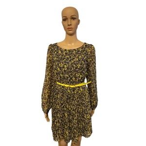 Floral Print Long Sleeve Dress Yellow Belted  Dress‎